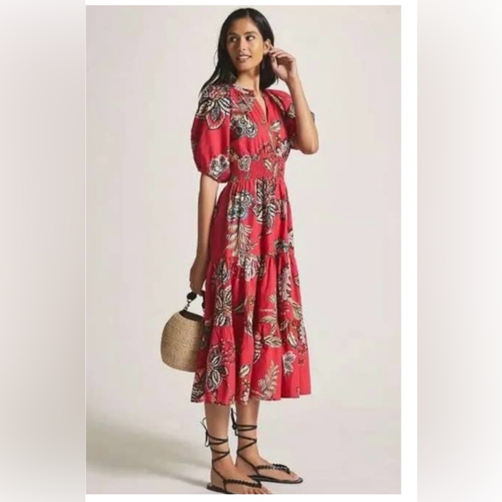 ANTHROPOLOGIE Conditions Apply Cotton Floral Puff Sleeved Midi Dress Size 6